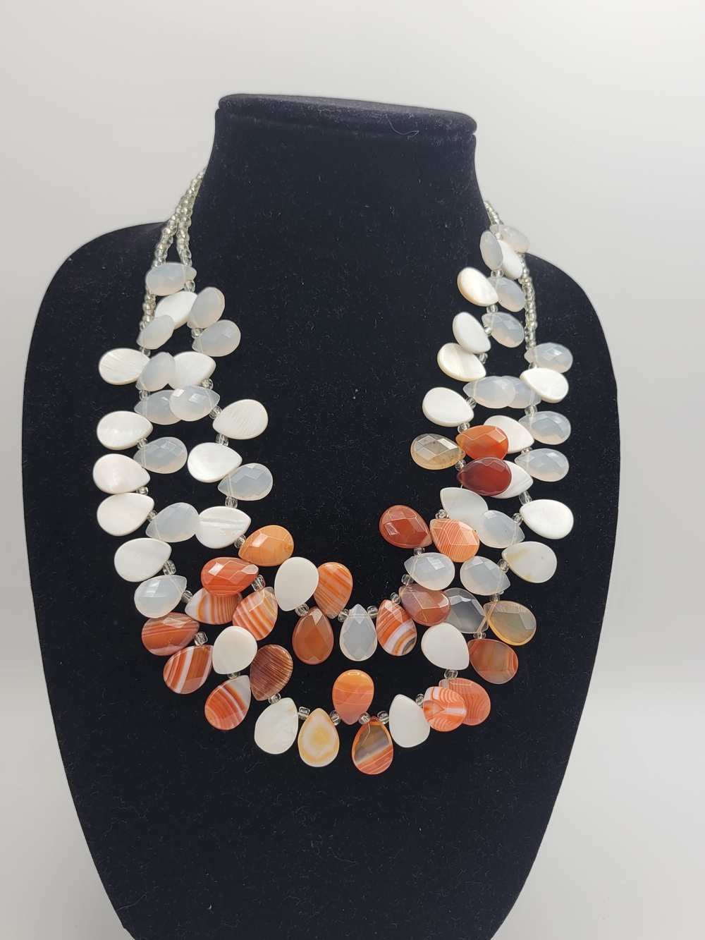Multi-Strand White and Orange Tear Drop Shell Statement Necklace